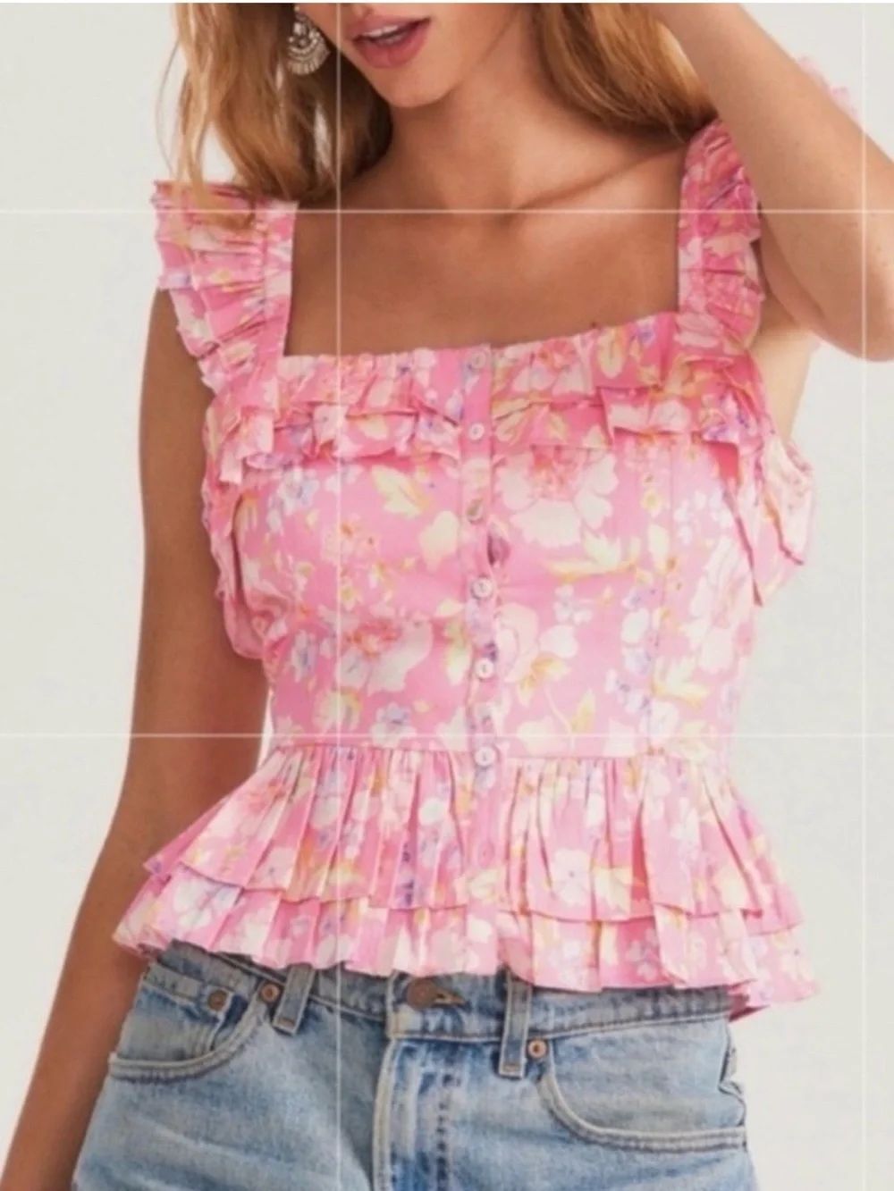 LoveShackFancy Tabia "Pink Party Bash," Floral Print, cottage core Peplum Top